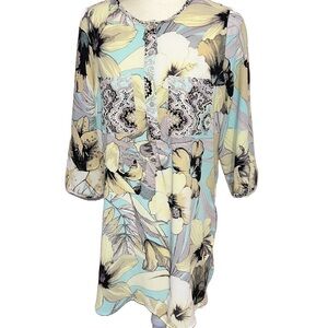 Figueroa & Flower Hibiscus Floral Tunic Blouse L